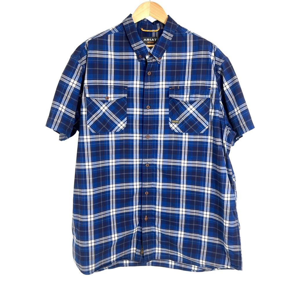 Ariat Rebar Mens XXL Blue Plaid Short Sleeve Button Down Work Shirt 10039333